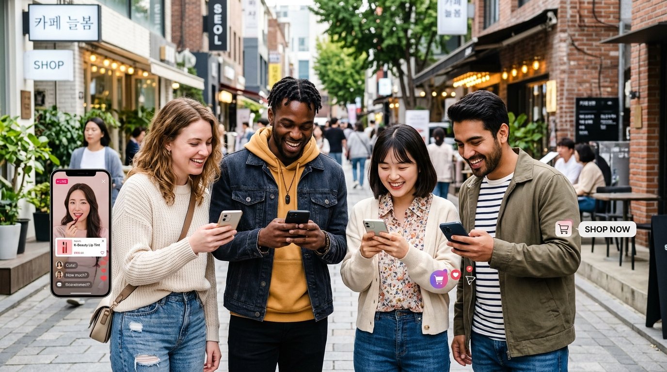 International friends shopping live in Korea together